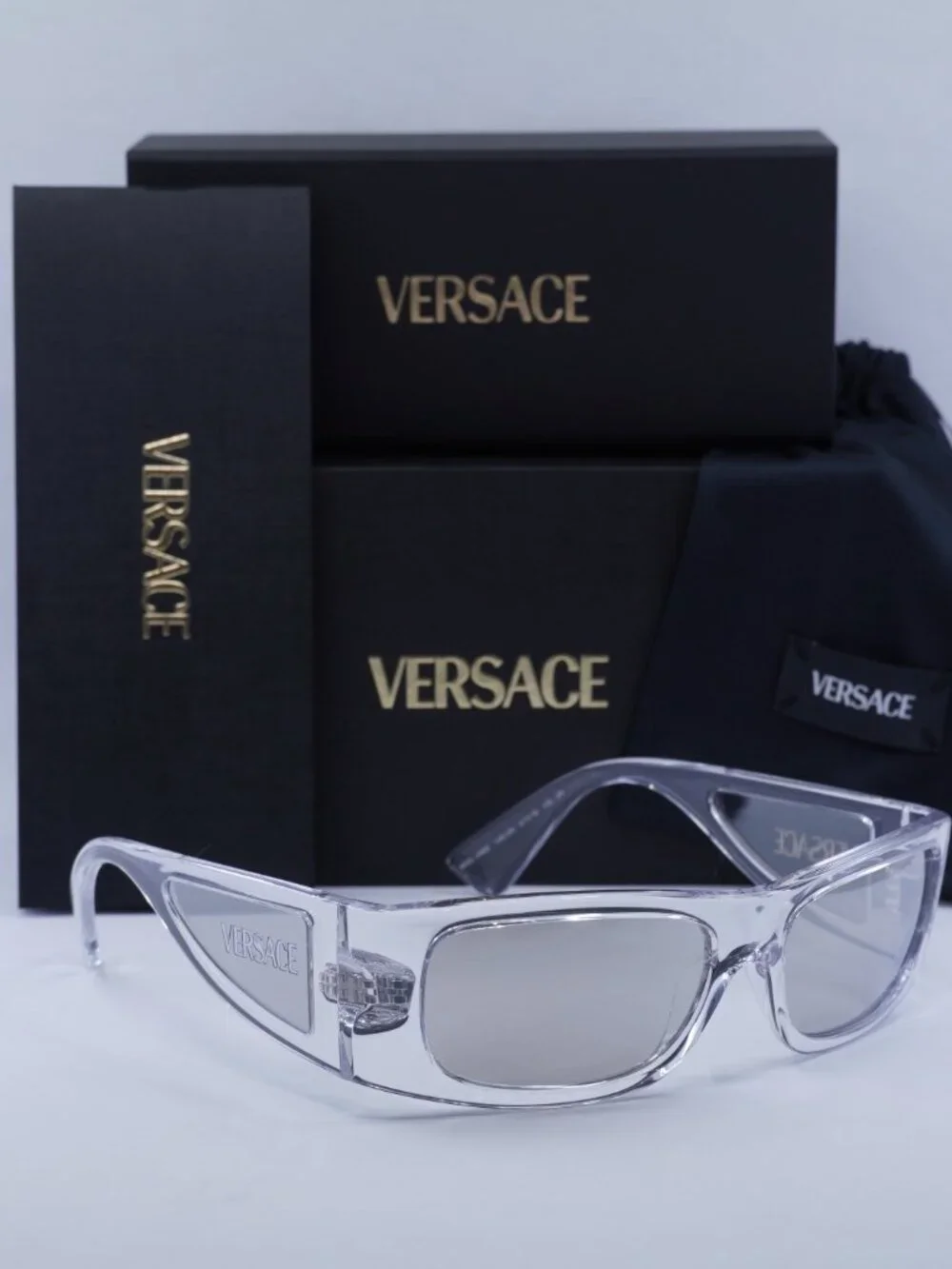 Versace VE4482 148/8V Rectangle Sunglasses – Transparent / Clear Mirror Silver
